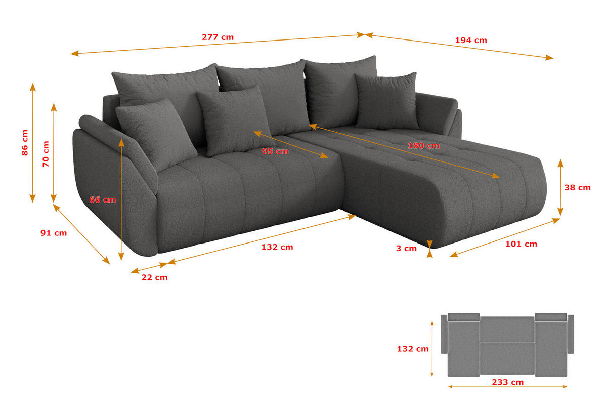 ROHOVÁ SEDAČKA s funkcí spaní, otoman vpravo TOKO-L 277x194x86 šedá bouclé - šedá/černá, kompozitní dřevo/textil (277/194cm) - ALTDECOR