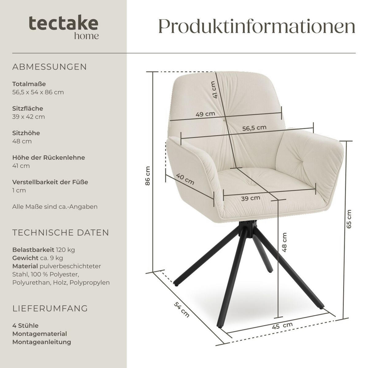 ARMLEHNSTUHL Drehbar Lenia, 56, 5 x 54 x 86 cm, Samtoptik creme/schwarz - Schwarz/Samtahornfarben, Kunststoff (56.5/86/54cm) - tectake