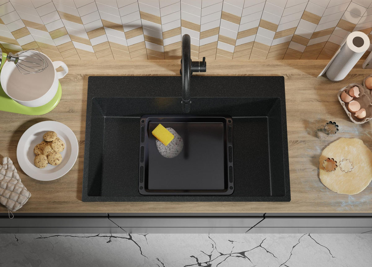 SPÜLBECKEN Riga, 2-er set Anthrazit 78/50 cm 1 Becken + Ablauf-Set ab 80er Unterschrank - Chromfarben/Anthrazit, Kunststoff (78/20/50cm) - Primagran