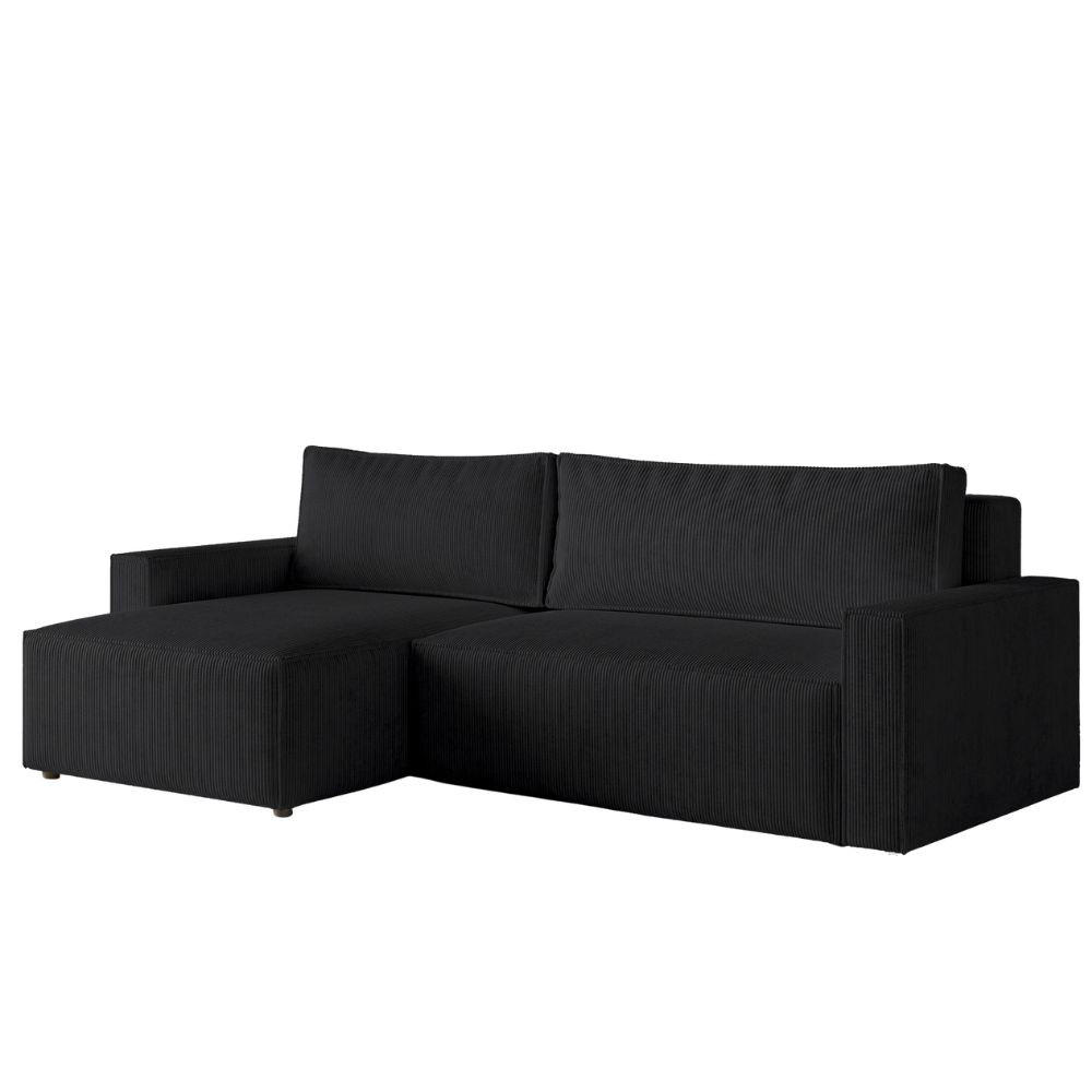 ECKSOFA LIVIO L mit Schlaffunktion und Bettkasten, weicher, dicker Cord pet friendly - POSO 135 - Schwarz, Holz (230/90/195cm) - Dekori_Interiors