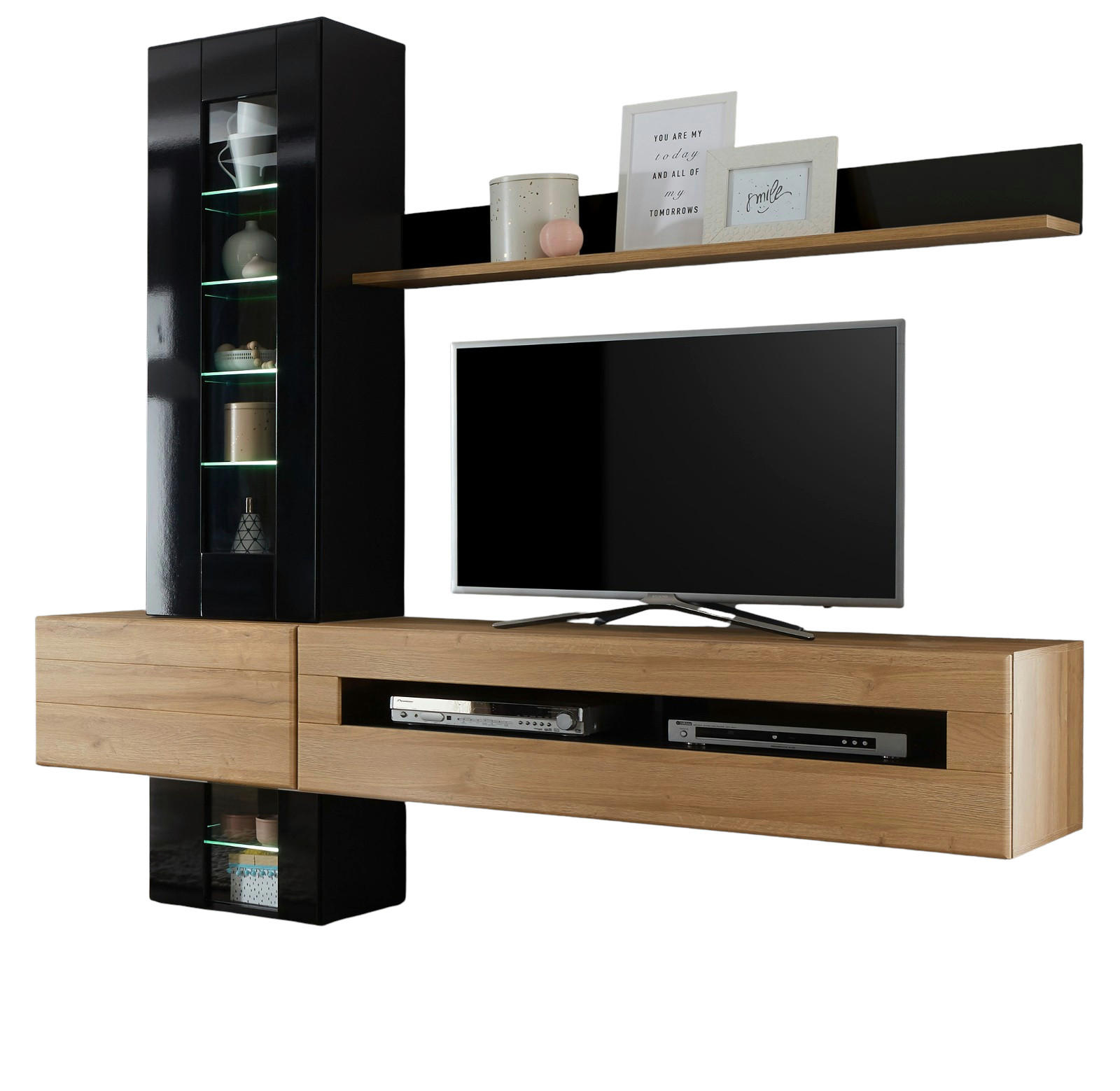 WOHNWAND schwarz Hochglanz, Grandson Eiche, mit Anbauwand 210 cm - Schwarz Hochglanz/Eichefarben, Glas/Holzwerkstoff (325/200/48cm) - Furn.Design