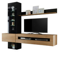WOHNWAND schwarz Hochglanz, Grandson Eiche, mit Anbauwand 210 cm - Schwarz Hochglanz/Eichefarben, Glas/Holzwerkstoff (325/200/48cm) - Furn.Design