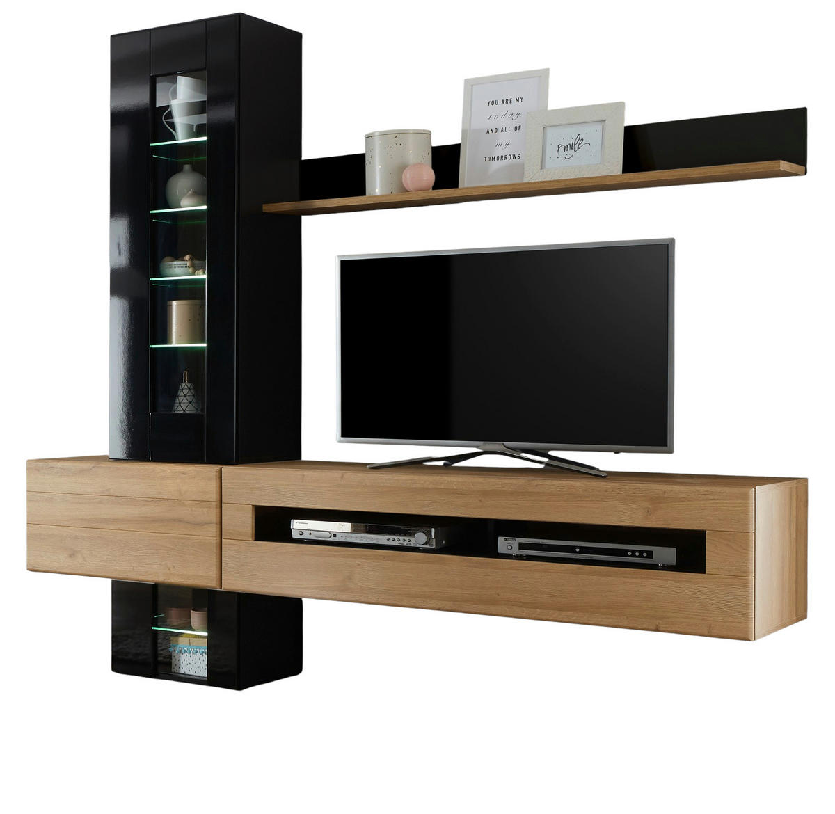 WOHNWAND schwarz Hochglanz, Grandson Eiche, mit Anbauwand 210 cm - Schwarz Hochglanz/Eichefarben, Glas/Holzwerkstoff (325/200/48cm) - Furn.Design