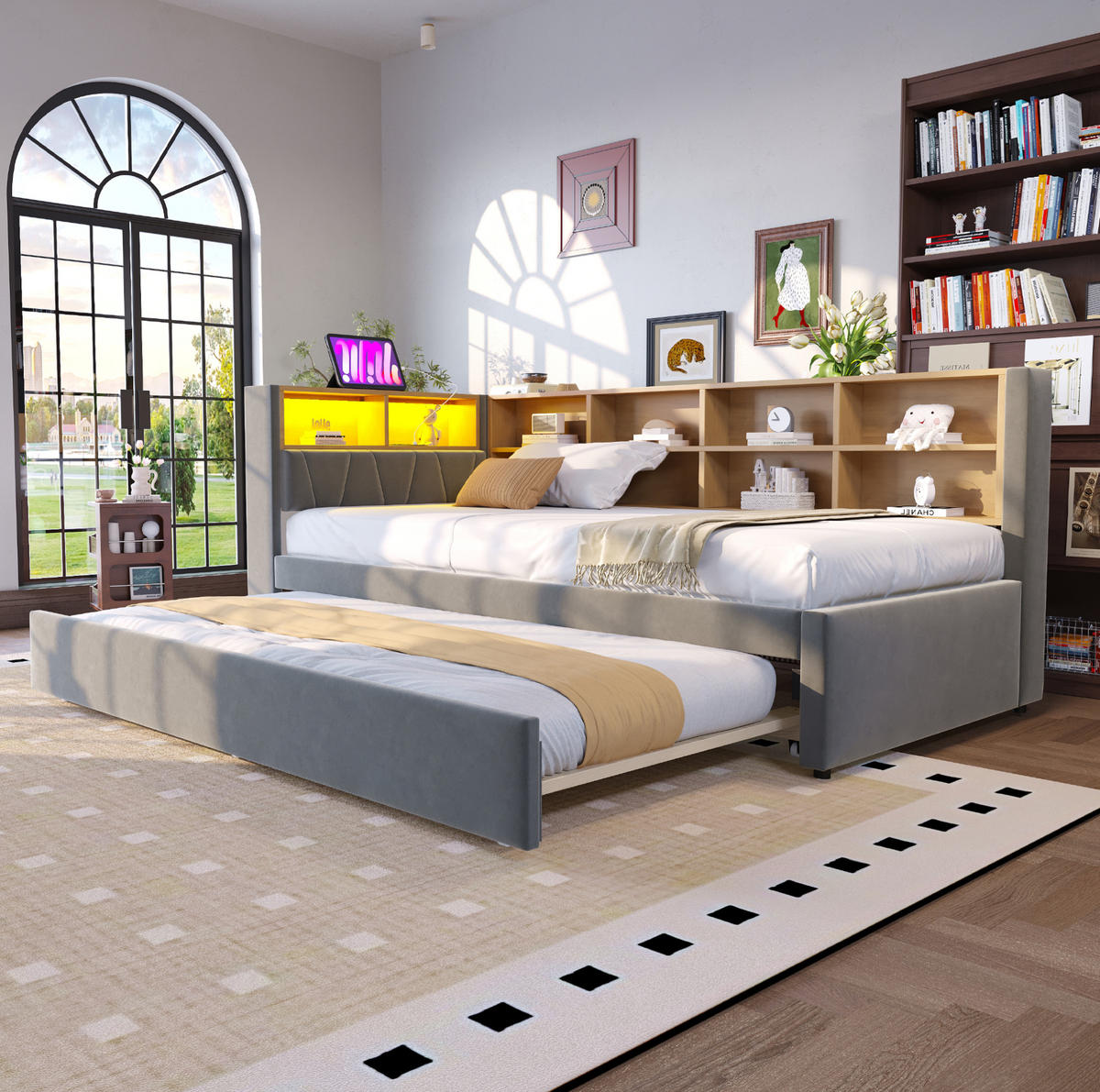 BETT mit Ausziehbett 90/190 cm Dunkelgrau Flanell mit LED-Leuchten & Ladeanschlüssen - Dunkelgrau, Textil (90/190cm) - OKWISH