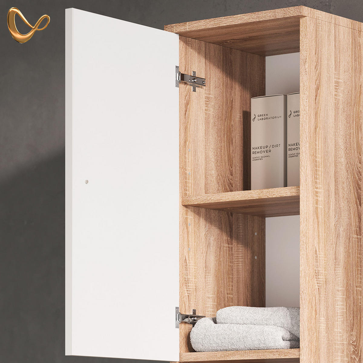 BADSCHRANK Fucino Sonoma 30 x 190 cm - Weiß/Sonoma Eiche, Holzwerkstoff (30/190/30cm) - Livinity®