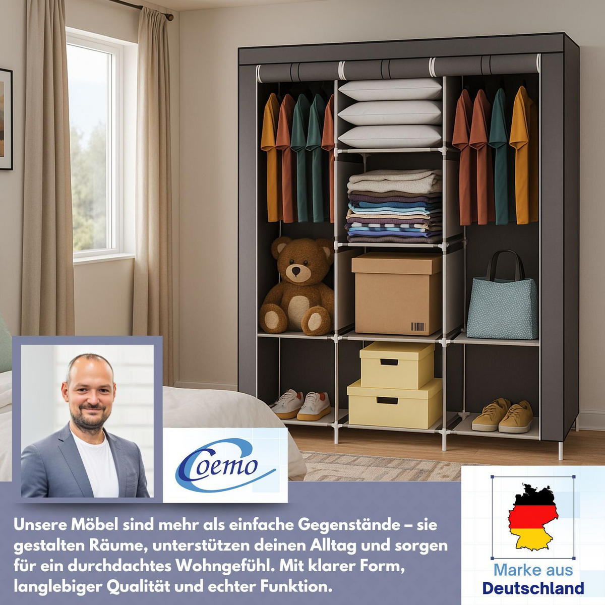 STOFFSCHRANK Kleiderschrank, 2 Kleiderstangen, 130/45/175 cm, Farbe: Grau - Grau, Textil (45/175/130cm) - Coemo