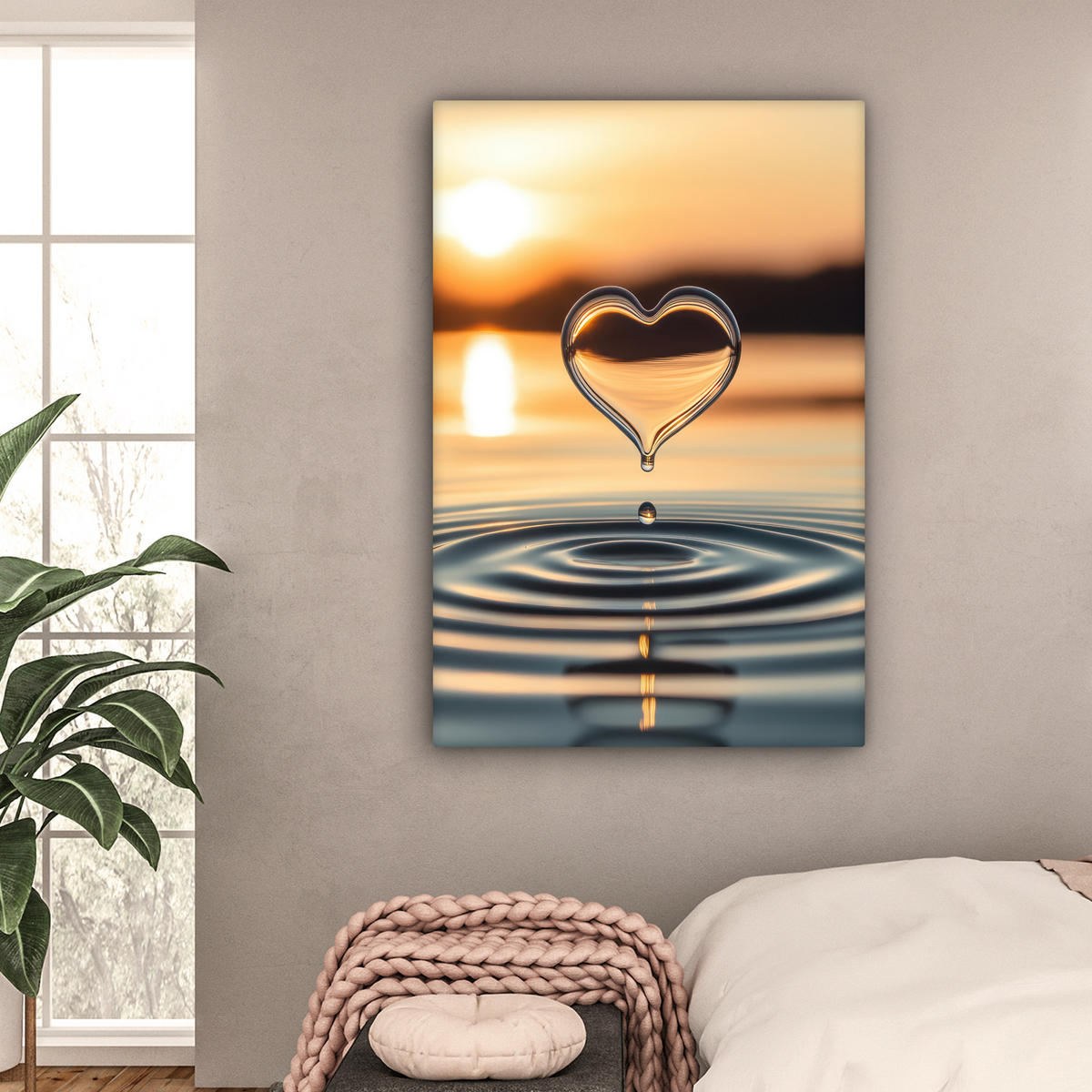 LEINWANDBILD - Herz - Wasser - Sonnenuntergang - Natur - Zen - 80x120 - Wanddeko - Bernsteinfarben, Textil (80/120cm) - MuchoWow