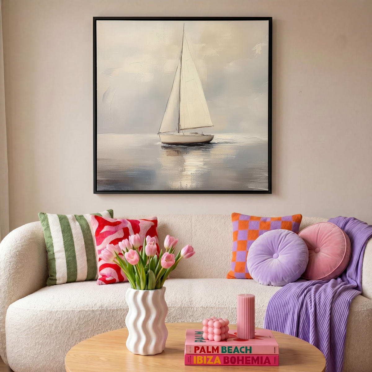 LEINWAND Bilder mit Rahmen - Segelschiff - Meer - Bewölkt - 90x90 - Creme, Textil (90/90cm) - MuchoWow