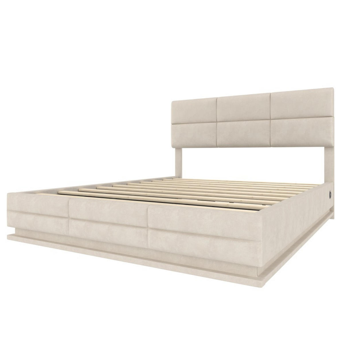 BOXBETT 180/200 mit Bettkasten, LED, USB/Typ C-Ladeanschluss,Samt,Beige - Beige, Holz (180/200cm) - LVHOM