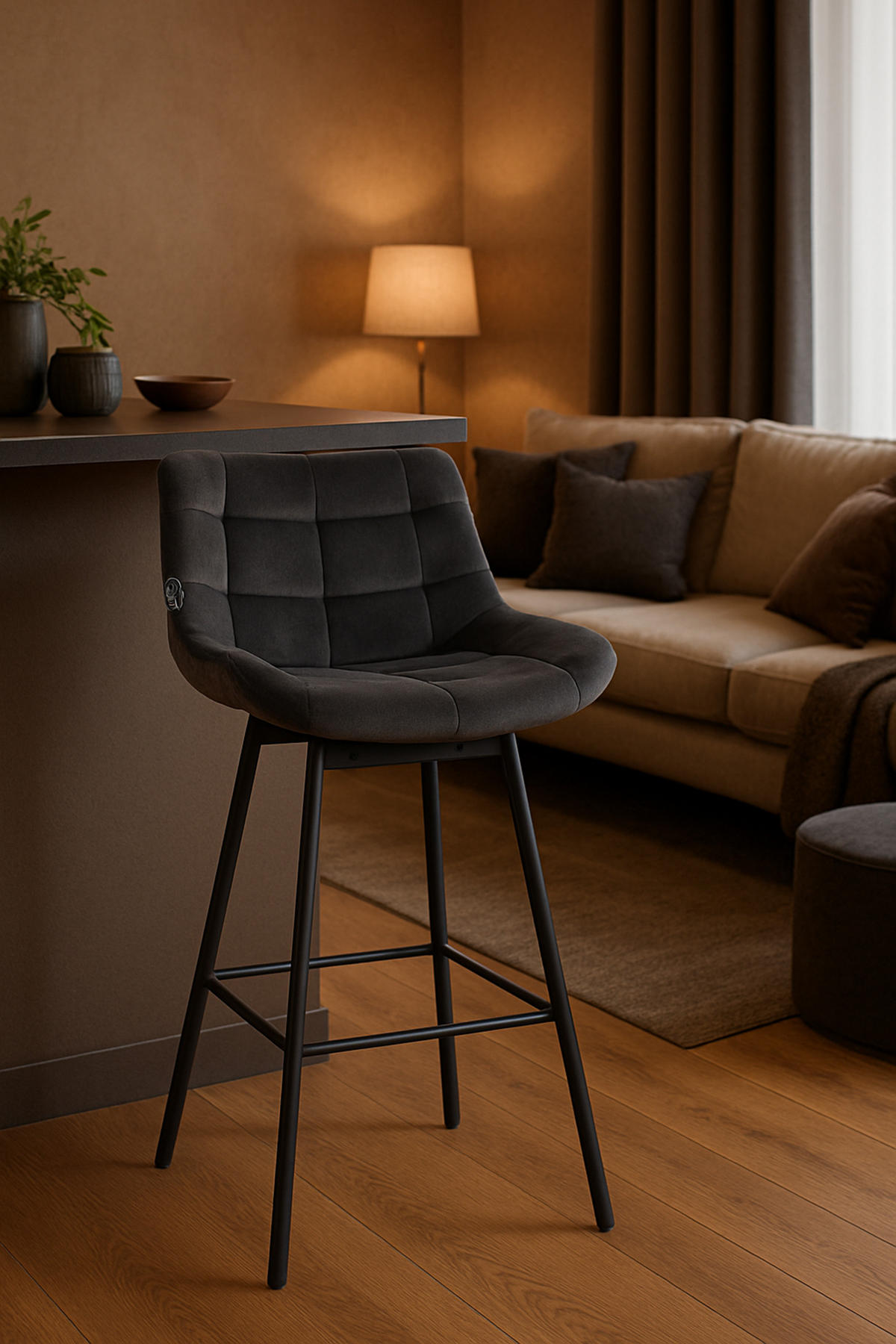 BARHOCKER Welton Schwenkbar Samt dunkelgrau - Anthrazit/Schwarz, Textil/Metall (49/105/56cm) - TPFLiving