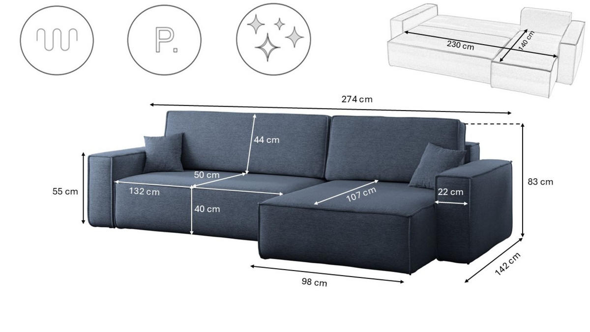 ECKSOFA Mit Schlaffunktion Und Bettkasten, Eckcouch Best XL Stoff Verita Marineblau Rechts - Dunkelblau, Holz (274/145cm) - Kaiser Möbel
