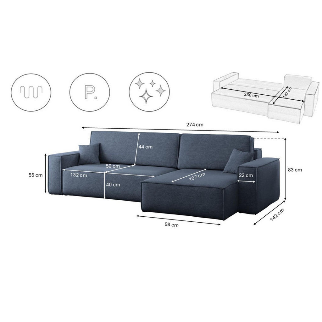 Thumbnail - Kaiser Möbel Ecksofa, Dunkelblau, Holz, 4-Sitzer, Füllung: Komfortschaum,Komfortschaum, L-Form, 274x145 cm, Wohnzimmer, ...