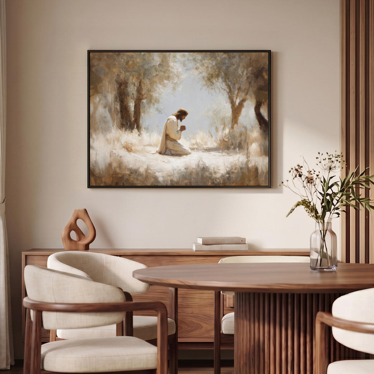 LEINWAND Bilder mit Rahmen - Jesus - Kniend - Waldlandschaft - Betend - 100x70 - Beige, Textil (100/70cm) - MuchoWow