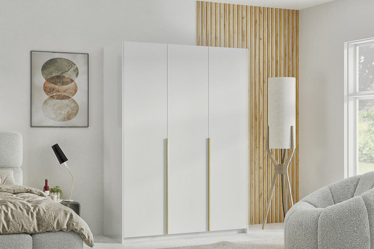 DREHTÜRENSCHRANK Apollonia ohne Spiegel 150x204cm 3-türig, weiß, goldene Griffe - Goldfarben/Weiß, Kunststoff (58/205/150cm) - Margaret Hadas24