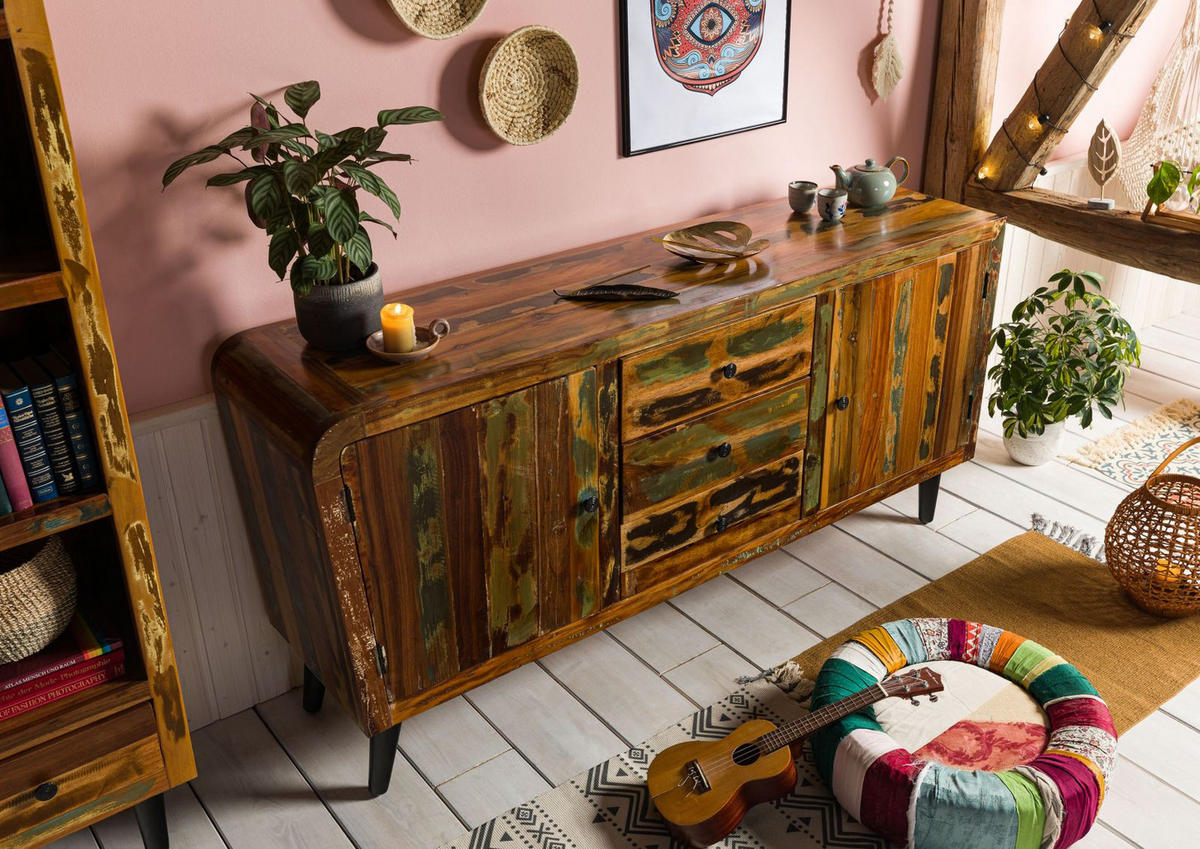 SIDEBOARD Altholz 180x45x86 mehrfarbig lackiert SIXTIES #110 - Multicolor, Holz (180/86/45cm) - Massivmoebel24