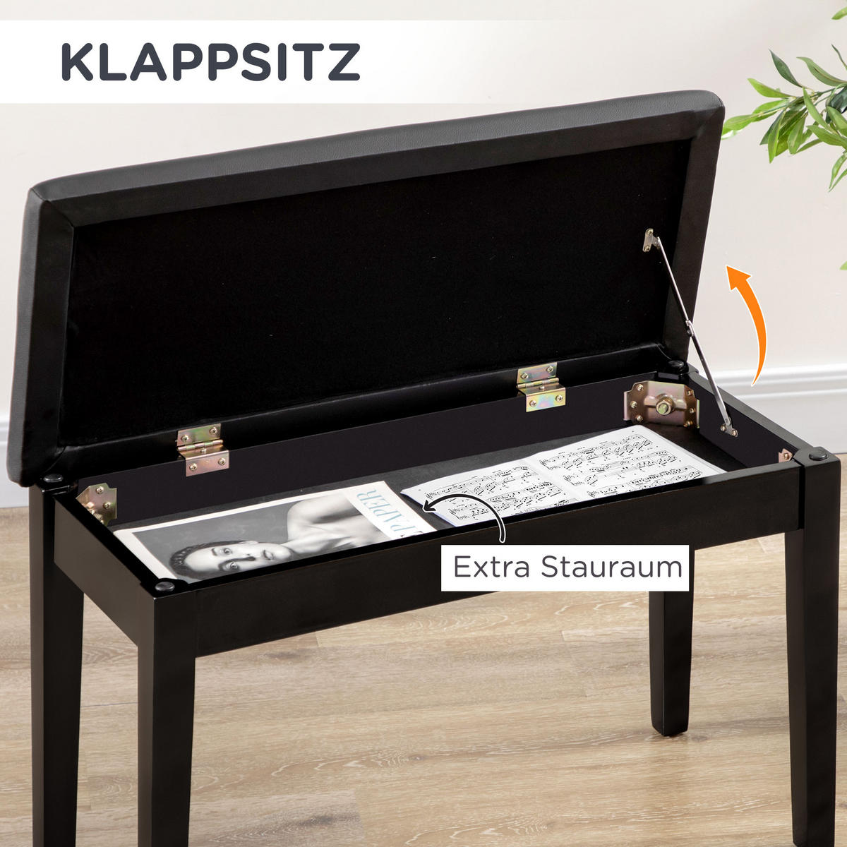 KLAVIERBANK, Klavierhocker, Schwarz - Schwarz, Holz (35/49/75cm) - HOMCOM