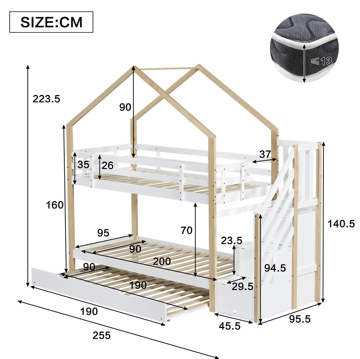 POSCHODOVÁ posteľ 90/200 a 90/190 cm biela/prírodná s výsuvným lôžkom a schodmi so zásuvkami z masívu a MDF - biela, drevo (90/200cm) - OKWISH