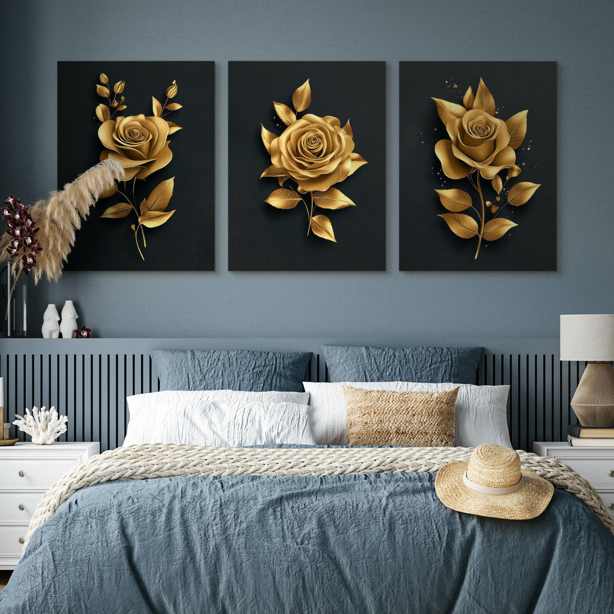 LEINWANDBILDER 3-es Set Rosen Blumen 3D - Beige/Schwarz, Textil (90/40cm) - Muralo