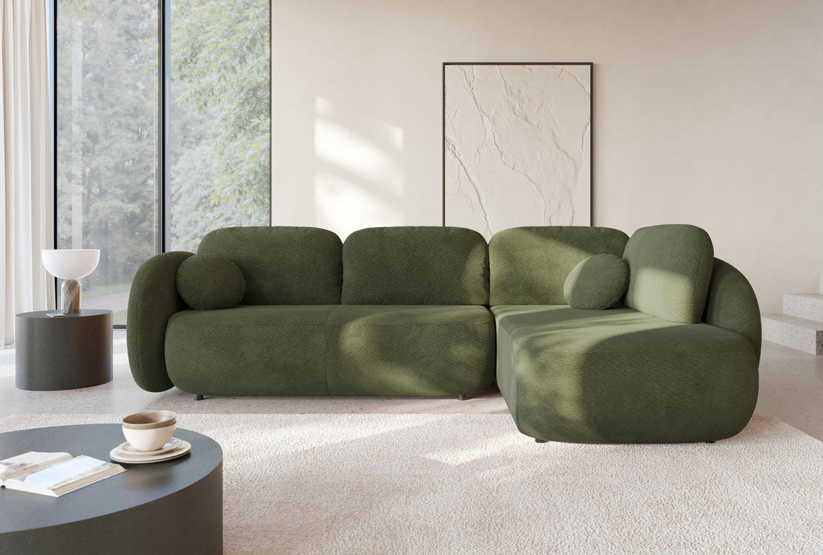 ECKSOFA AMICO II R-S Grün Geflochtener Stoff mit Schlaffunktion - Grün, Holz (289/190cm) - MASSENO