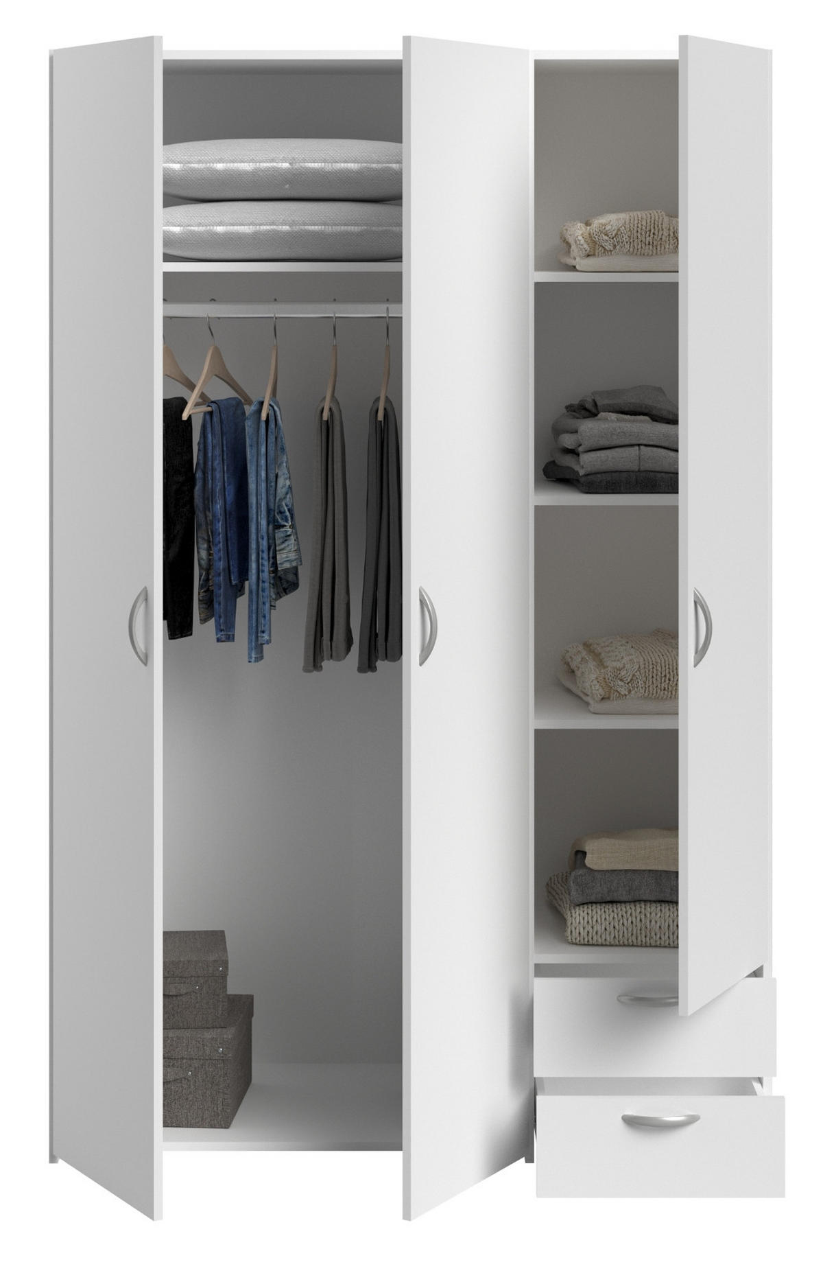 KLEIDERSCHRANK weiß 120 cm 3-türig, Drehtürenschrank - Silberfarben/Weiß, Holzwerkstoff/Kunststoff (120/185/51cm) - Furn.Design