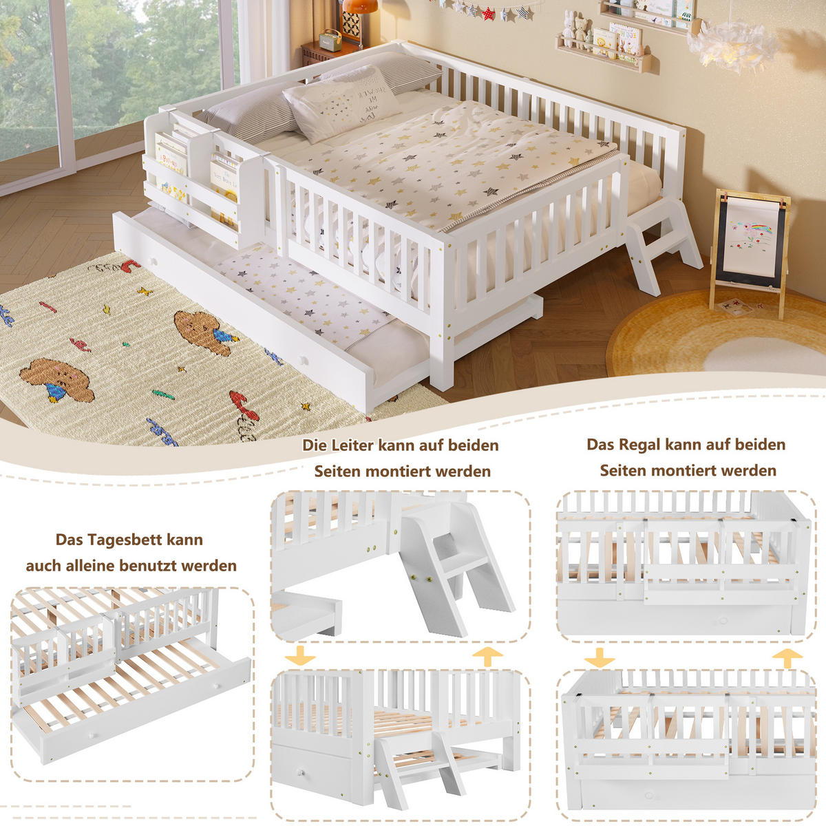 KINDERBETT 140/200 cm in Weiß mit Ausziehbett und Rausfallschutz - Weiß, Holz/Holzwerkstoff (140/200cm) - WISHDOR