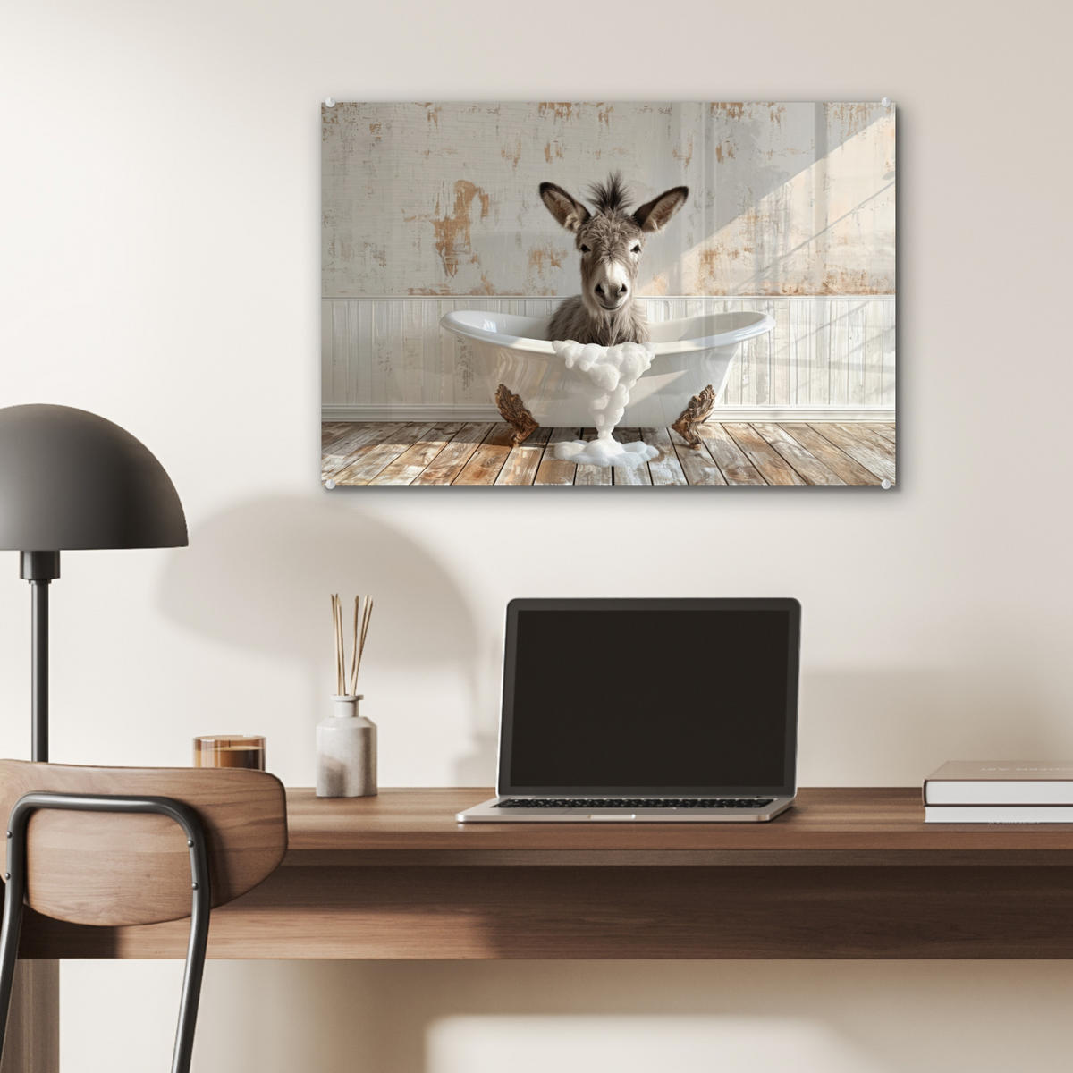 ACRYLGLASBILD Esel - Tiere - Badewanne - Schaumstoff 60x40 cm - Weiß, Glas (60/40cm) - MuchoWow