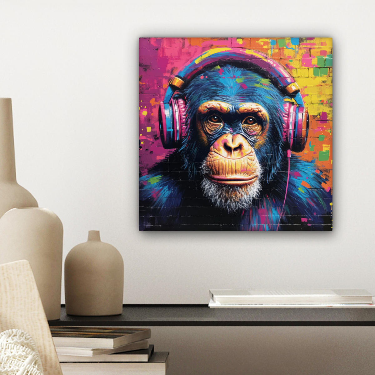 LEINWANDBILD Graffiti - Schimpanse - Straßenkunst - Kopfhörer - Affe Deko Wohnzimmer 20x20 cm - Blau, Textil (20/20cm) - MuchoWow