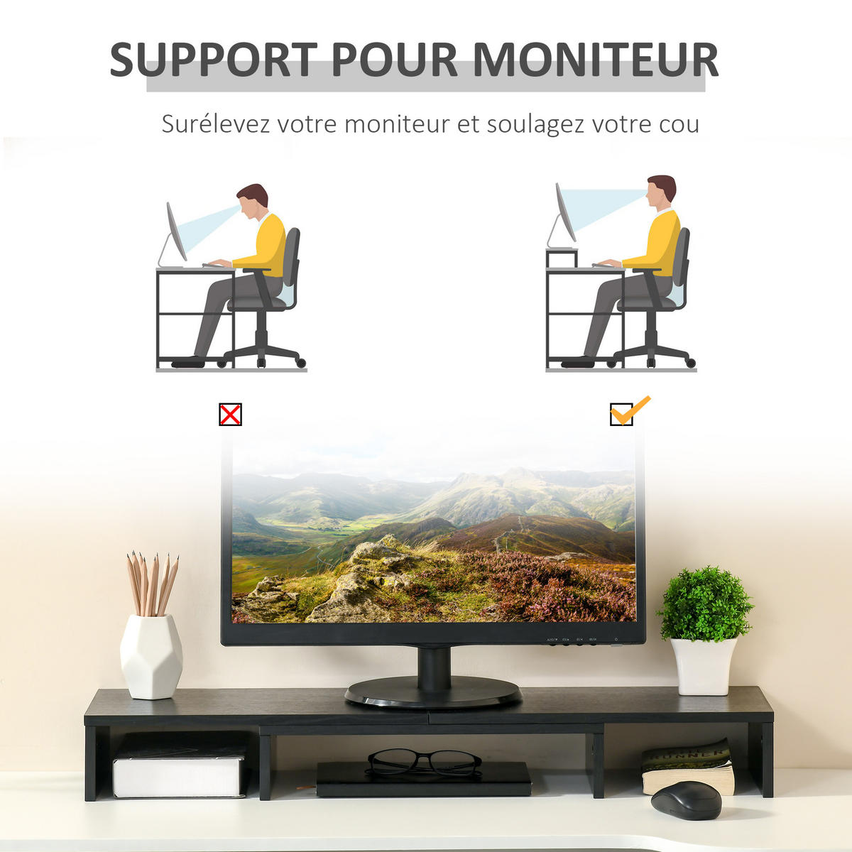 MONITORSTÄNDER DE-16715 ausziehbar 80-117 cm, mit 3 Fächern Schwarz - Schwarz, Holzwerkstoff (117/23.5/10cm) - ComfortXL