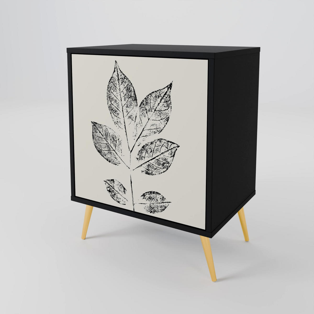 SIDEBOARD LEAFY STAMPS, Schwarz, 57,5x42x67,5 cm, Schwarze Metall-Rahmenfüße - Multicolor/Schwarz, Holzwerkstoff/Metall (57.5/67.5/42cm) - SpaceRebels