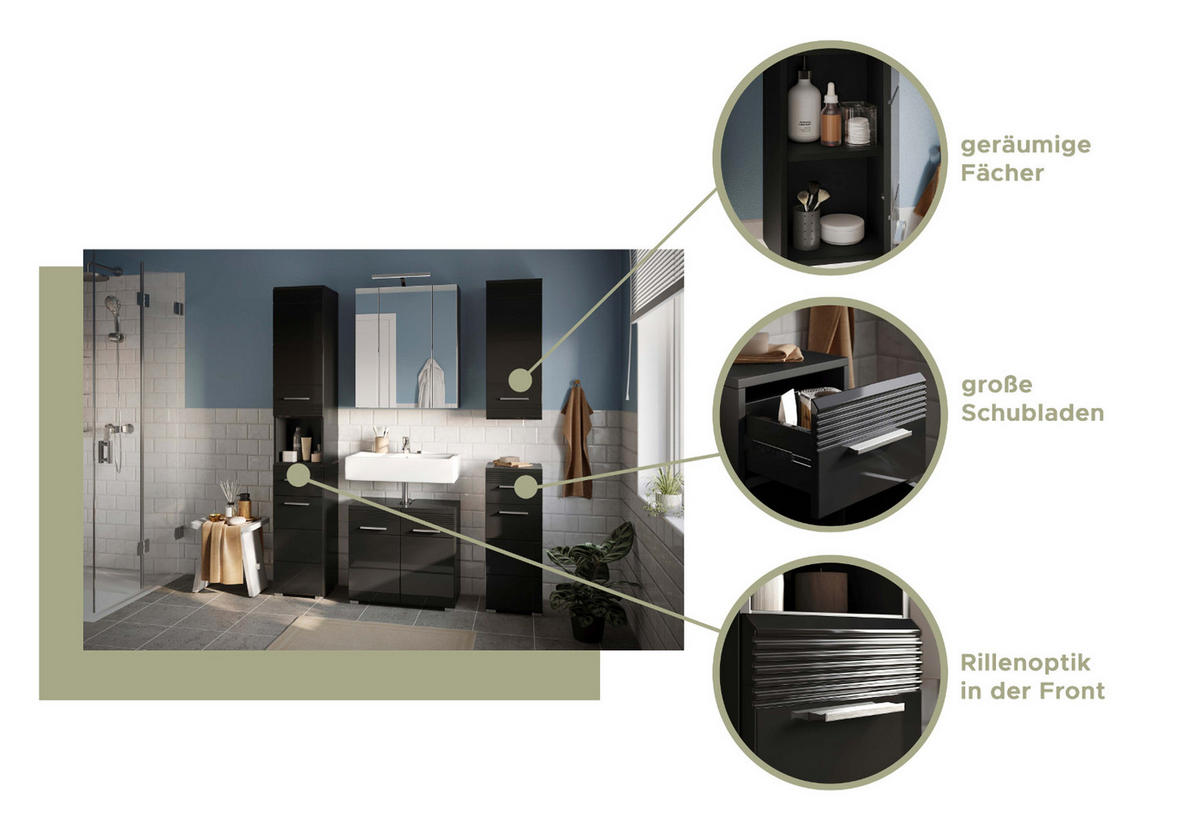 BADMÖBEL-SET schwarz Hochglanz 4-teilig 105 cm - Schwarz, Holzwerkstoff (105/182/34cm) - Inn.Furn