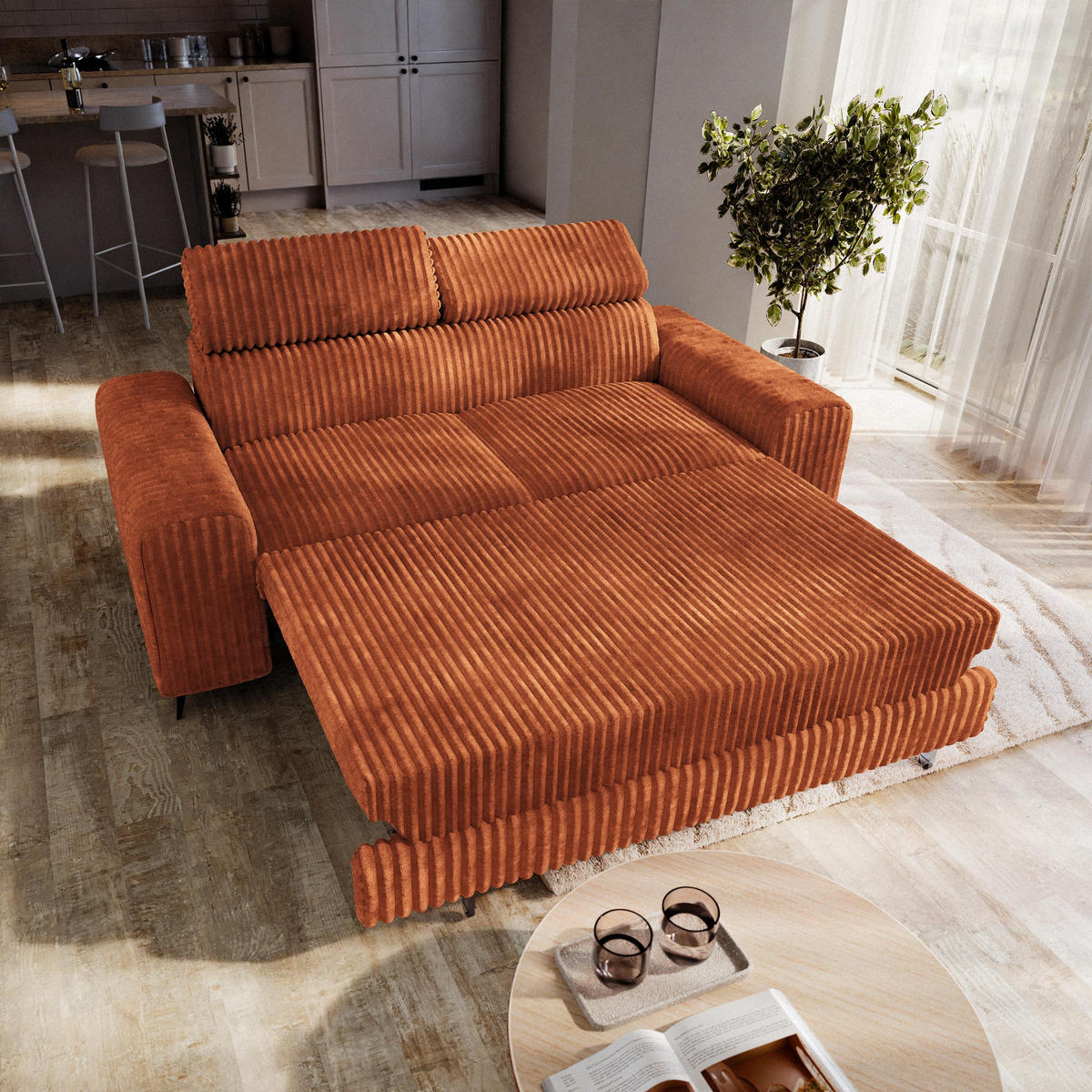BETTSOFA BENETE Braun Cordstoff mit Schlaffunktion - Braun, Holz/Textil (191/89/92cm) - MASSENO