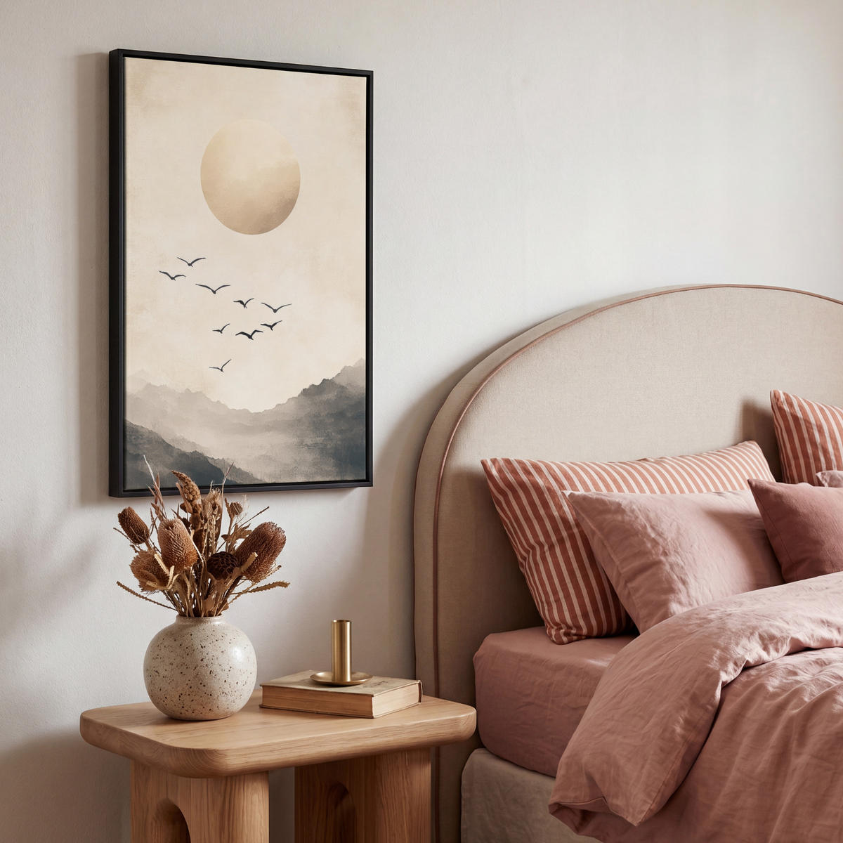 LEINWAND Bilder mit Rahmen - Landschaft - Japandi - Vogel - 40x60 - Beige, Textil (40/60cm) - MuchoWow