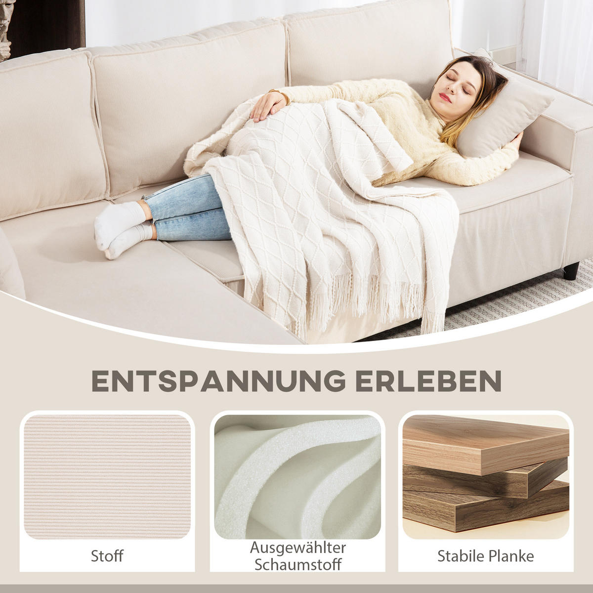 ECKSOFA 3-Sitzer Sofa in L-Form Eckcouch 241x153x83 cm Cremeweiß - Weiß, Kunststoff (241/153cm) - HOMCOM