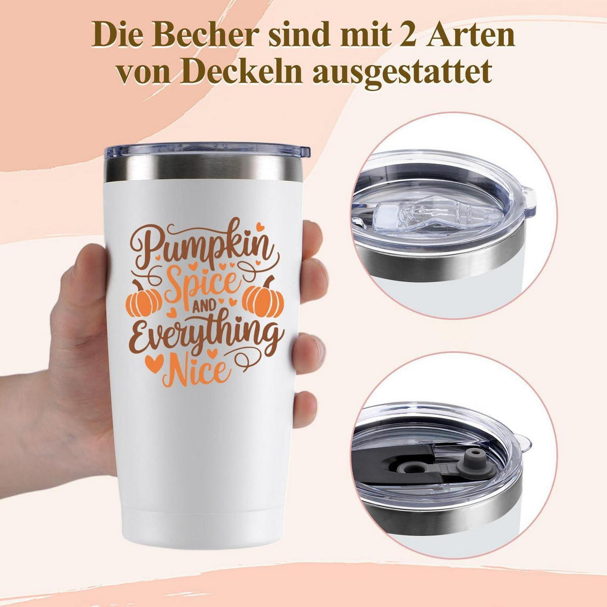 THERMO-KAFFEEBECHER 600ml Edelstahl Halloween Kürbis Geist - Weiß, Metall (0.6L)