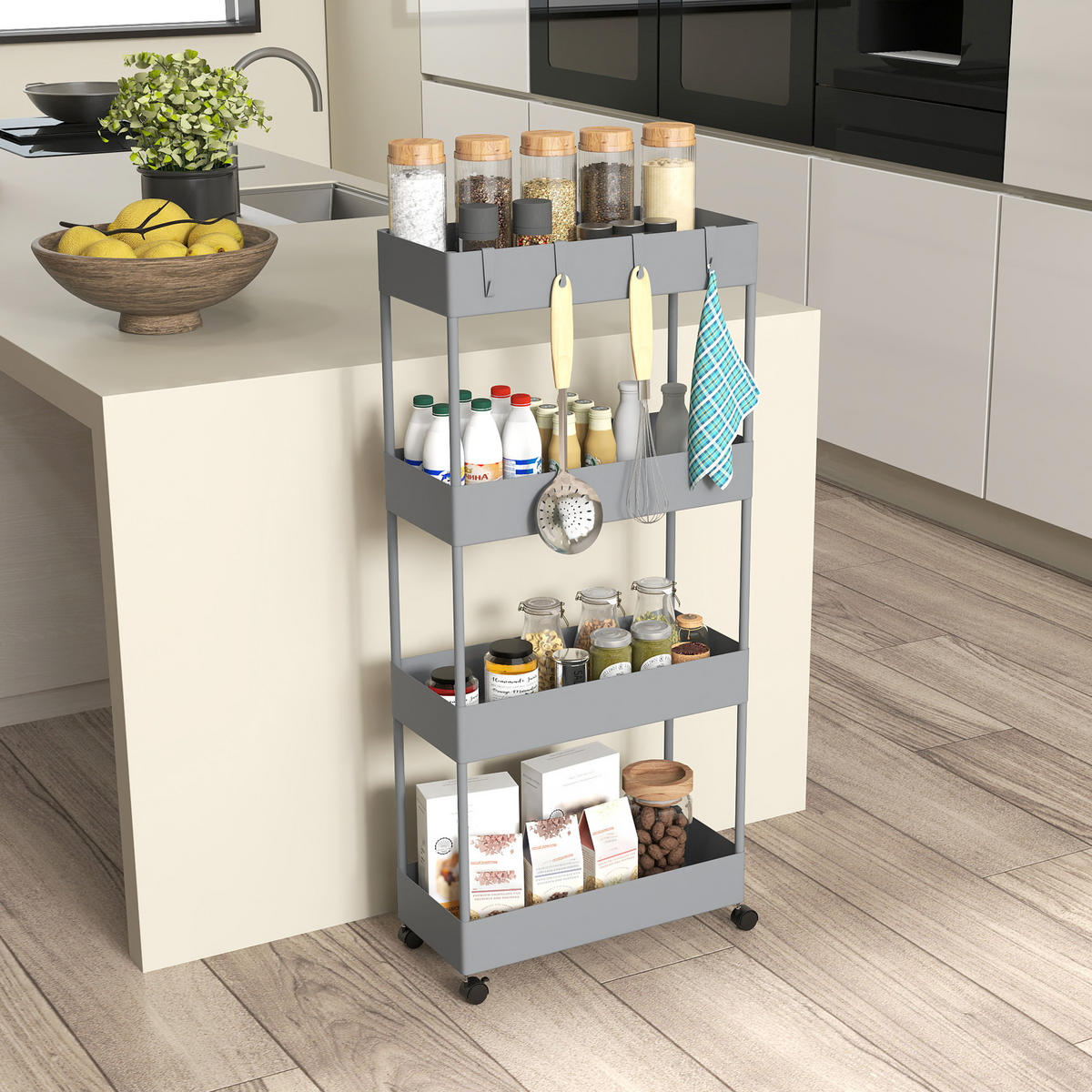 KÜCHENWAGEN DE-08488 4 Regale mit Haken und Rollen Grau - Grau, Kunststoff (19/90/40cm) - ComfortXL