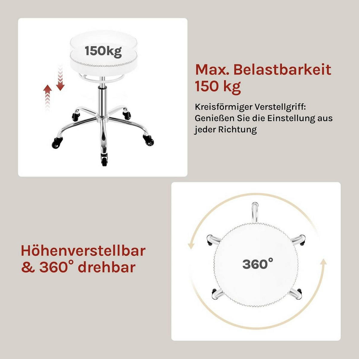 BÜROHOCKER 360° drehbar, rund, Kunstleder, Weiß - Weiß, Kunststoff/Textil (49/46/49cm) - Woltu