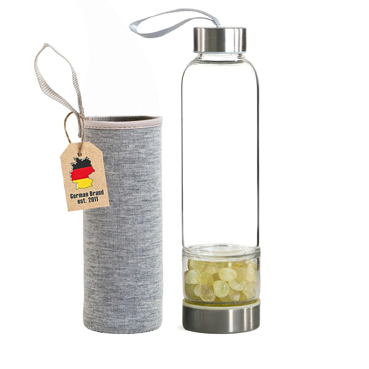 WASSERFLASCHE mit Heilsteinen und Tasche 400ml - Gelb, Glas (0.4L) - Intirilife