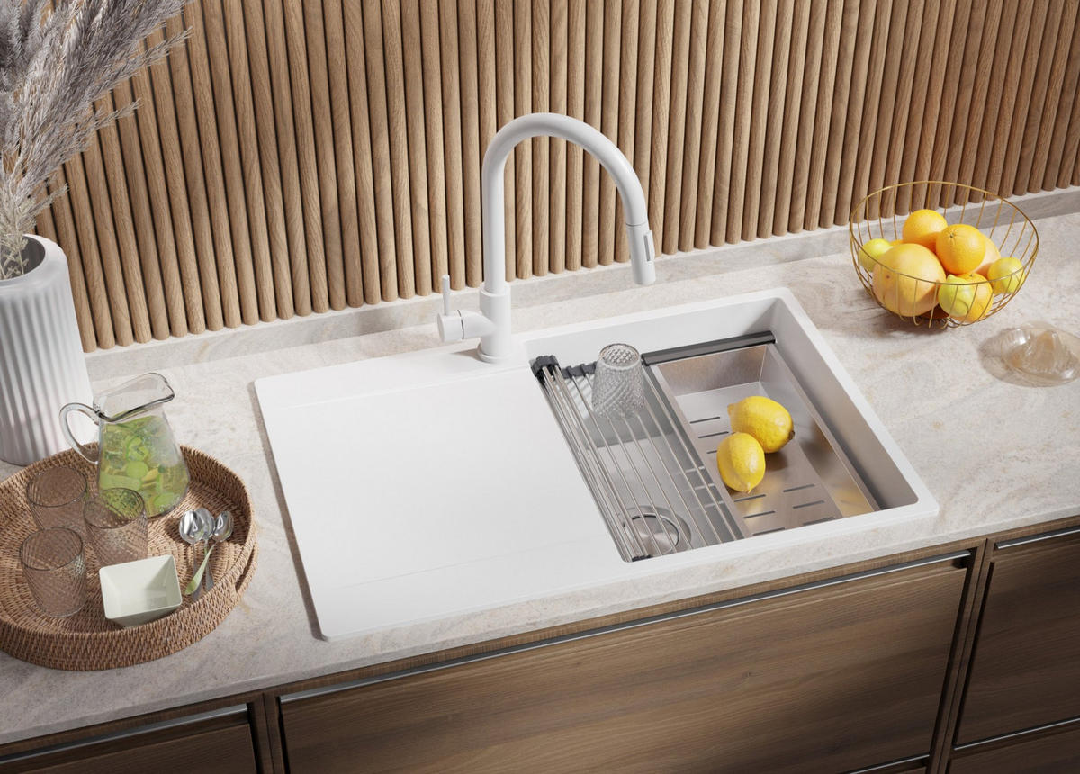 GRANITSPÜLE San Francisco, 2-er set Weiß 78/50 cm 1 Becken + Küchenarmatur 32/20 cm + Ablauf-Set + Aufrollbare Abtropffläche ab 50er Unterschrank - Chromfarben/Weiß, Kunststoff (78/20/50cm) - Primagran