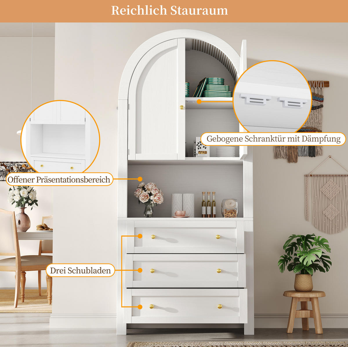 ANRICHTE Hochschrank 70/35/180 cm aus MDF mit 3 Schubladen und offenem Ausstellungsfach Weiß - Weiß, Holzwerkstoff (70/180/35cm) - Modenvie