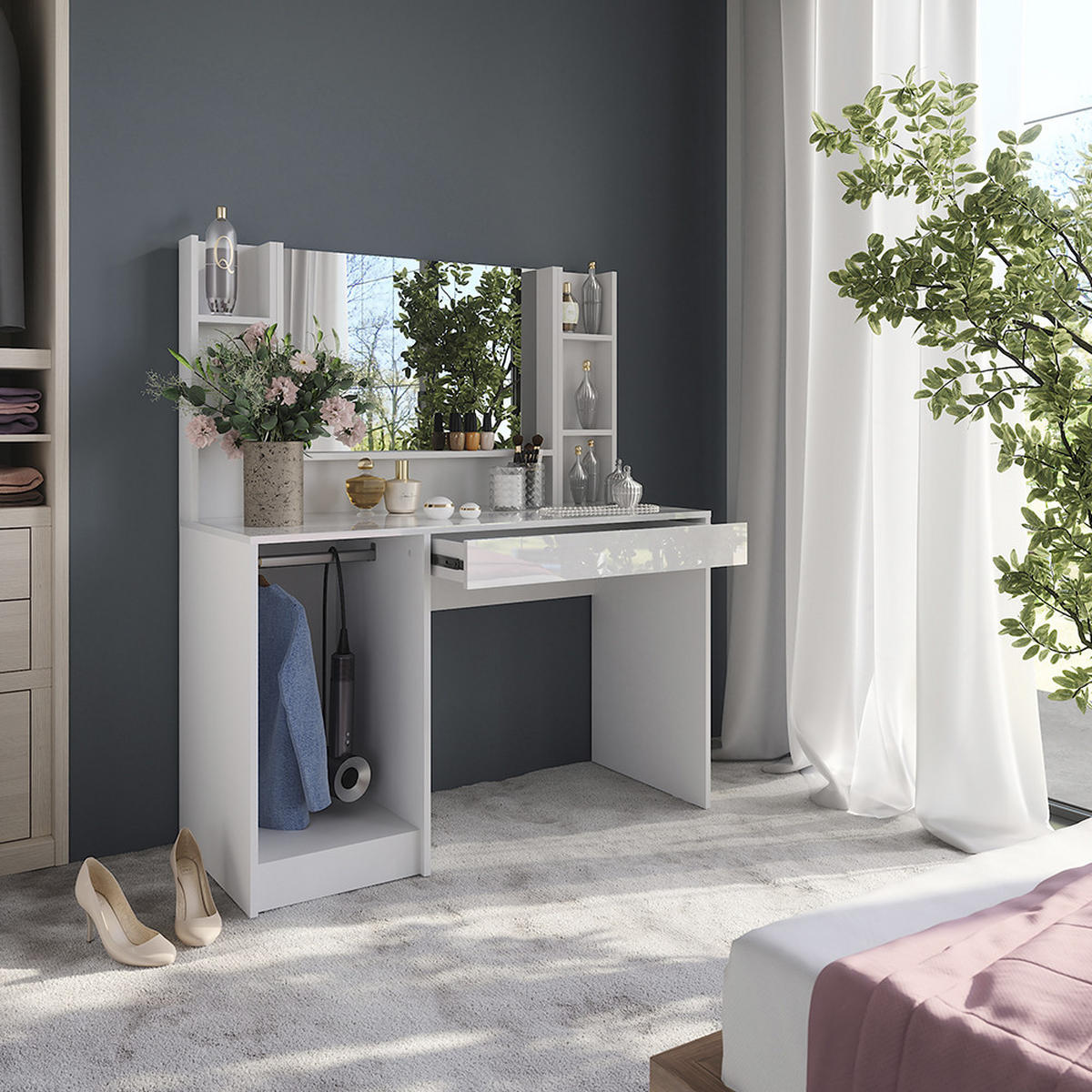 SCHMINKTISCH Sherry Weiß/Weiß Hochglanz 119.8 cm 4 Teile - Weiß Hochglanz, Holzwerkstoff (119.8/76/50.1cm) - Vicco