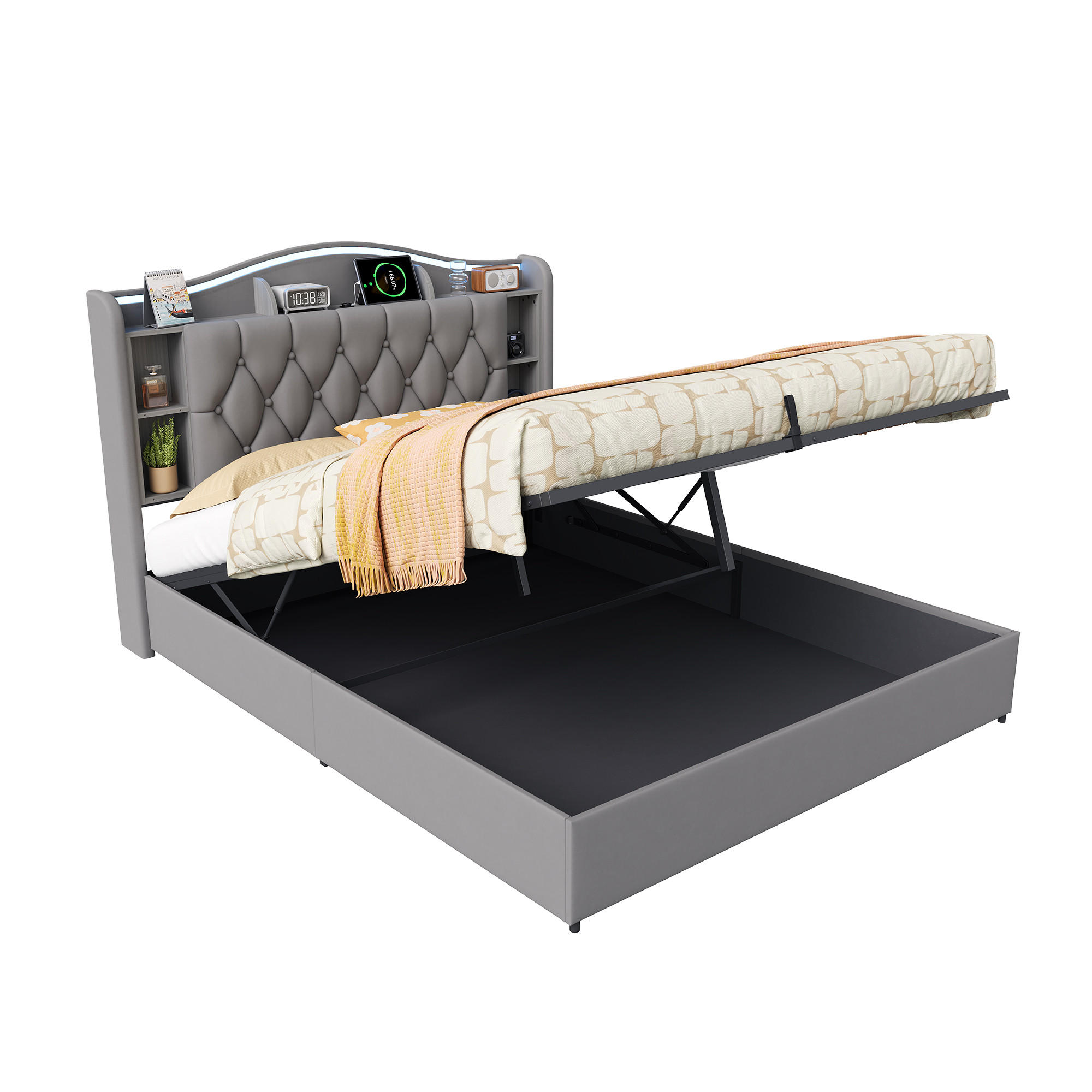 EuroLiving ČALOUNĚNÁ postel 160x200 cm s úložným boxem, LED a USB, manželská postel s úložným prostorem v čele postele a bezdrátovým nabíjením, šedá