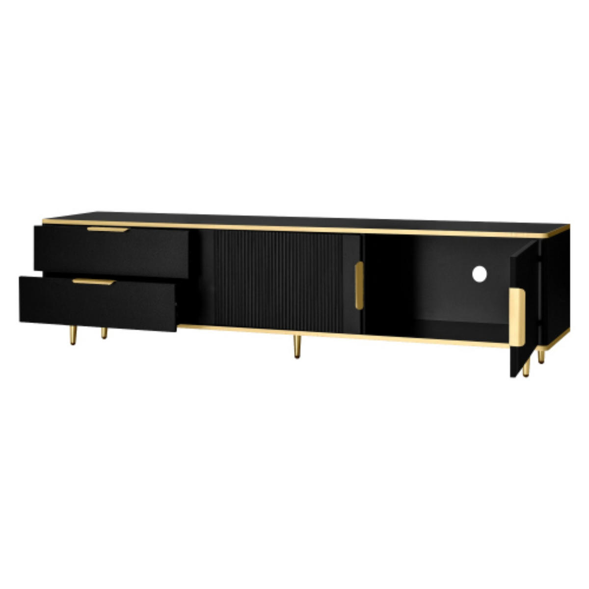 TV-SCHRANK 170/37/45 cm schwarz mit geschnitzter Struktur und goldenen Griffen - Schwarz, Holzwerkstoff (170/45/37cm) - OKWISH