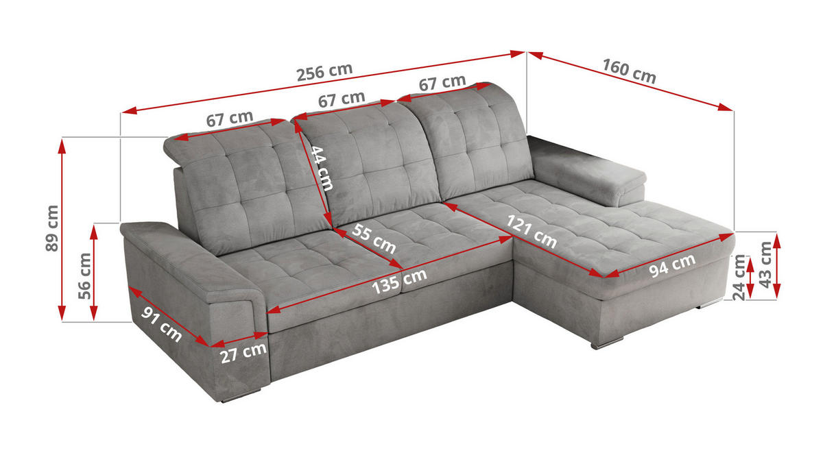 ECKSOFA MADRITO L - Hellgrau Velorus - Links - Silberfarben/Hellgrau, Textil/Metall (160/256cm)