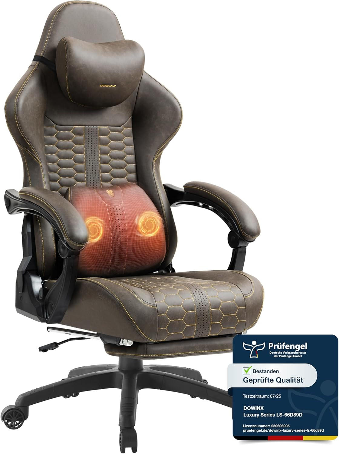 GAMING-STUHL & hoher Rückenlehne, Massagefunktion PU-Leder - Braun, Leder (61/117/61cm)
