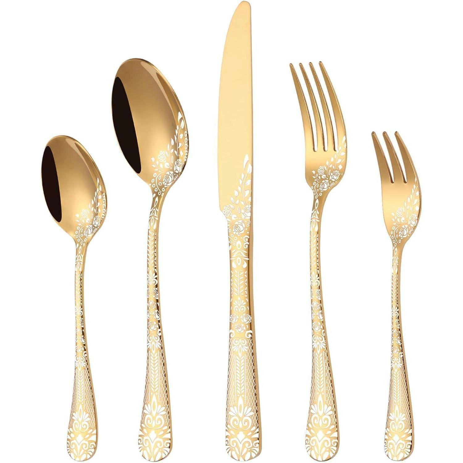 BESTECKSET 30-teilig für 6 Personen Gold Blumenmuster Edelstahl - Goldfarben, Metall