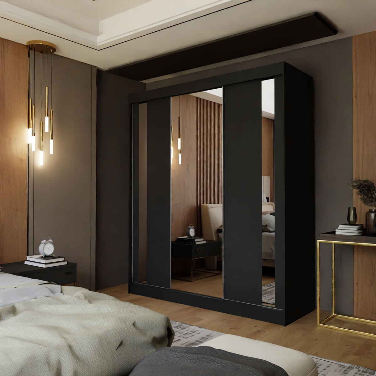 SCHWEBETÜRENSCHRANK GRAZIA 180/216/61 cm 3-türig mit Spiegel Schwarz - Schwarz, Holzwerkstoff (180/216/61cm) - MASSENO