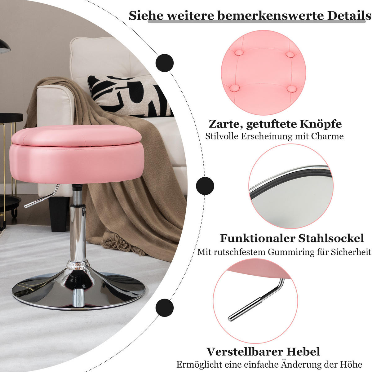 SCHMINKHOCKER Rosa - Pink, Metall (41/66/41cm) - COSTWAY