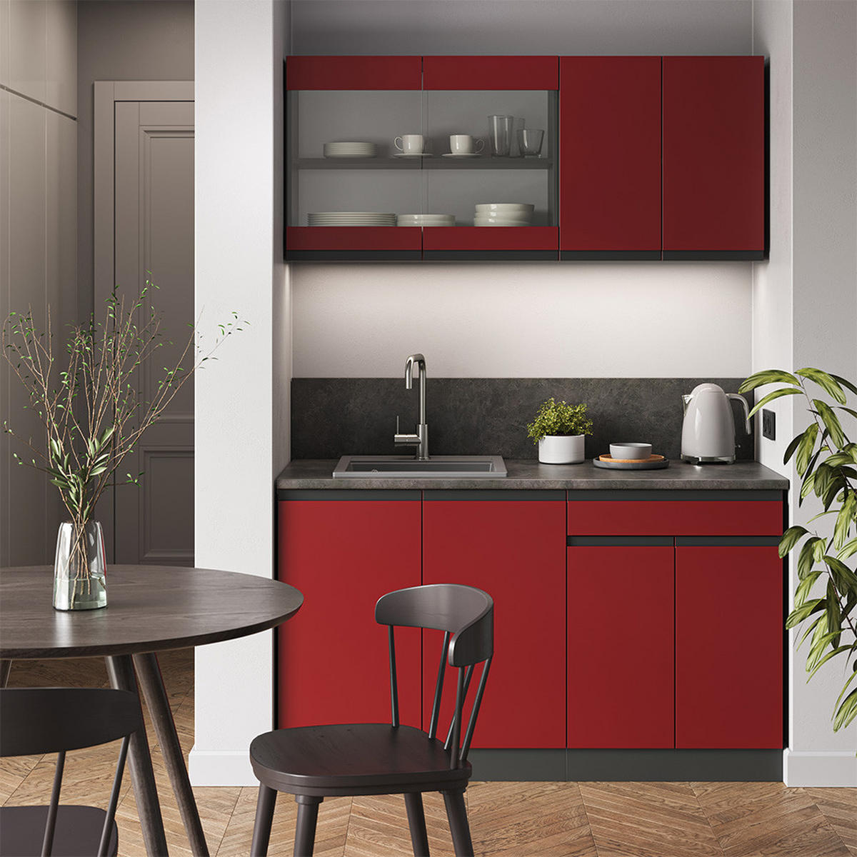 SINGLEKÜCHE R-Line Rot/Anthrazit 140 cm, AP Eiche - Rotbraun/Anthrazit, Holzwerkstoff (140/81.6/60cm) - Vicco