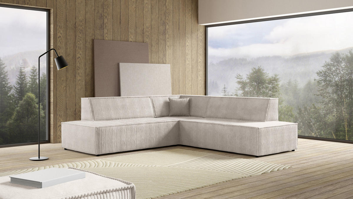 ECKSOFA TESSO II R-S Creme Kordstoff mit Schlaffunktion - Creme, Holz (254/254cm) - MASSENO