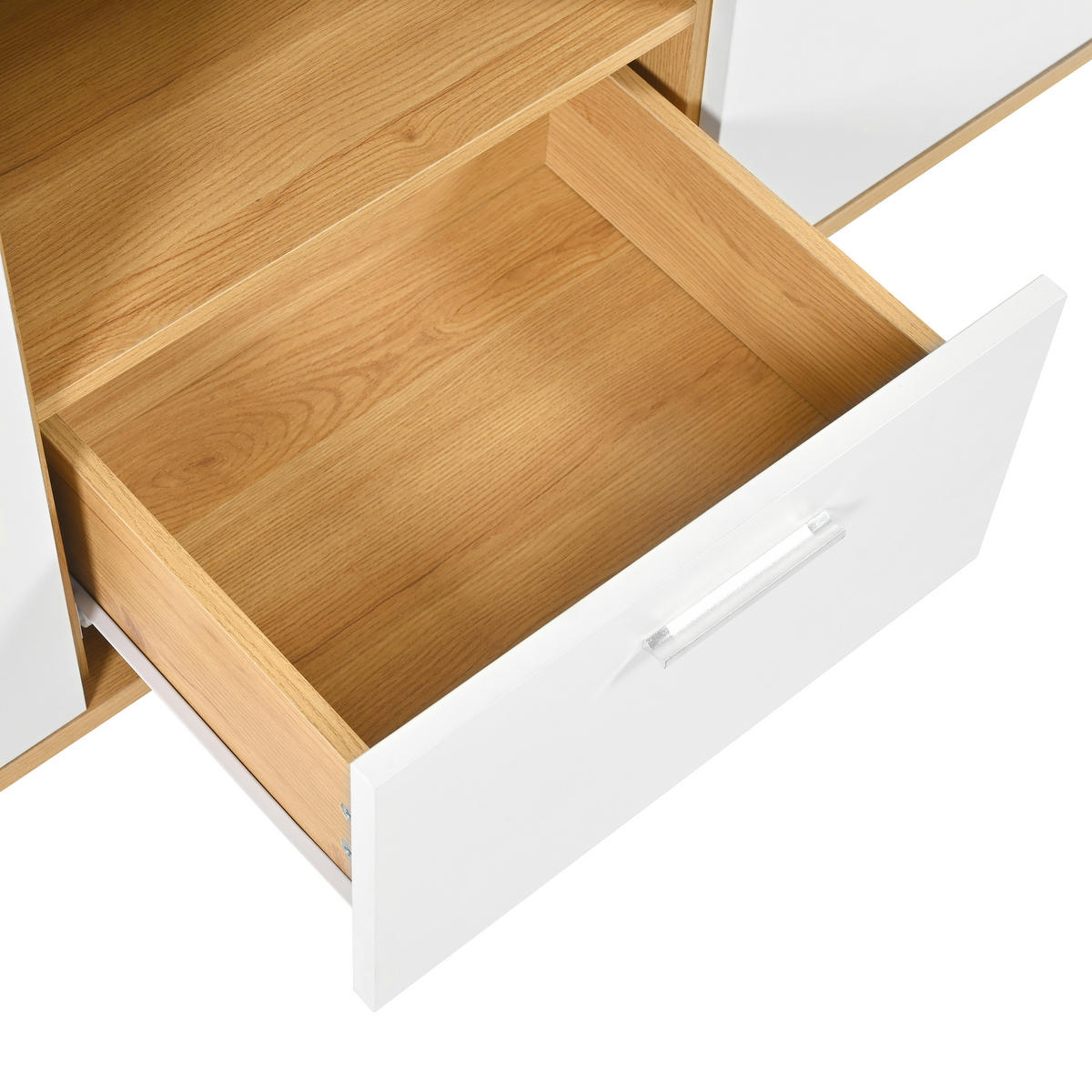 SIDEBOARD Weiß & Eiche-Optik, mit 2 Türen, 4 Schubladen und Innenfächern, 160/40/77 cm - Eichefarben/Weiß, Glas/Holzwerkstoff (160/77/40cm) - WISHDOR